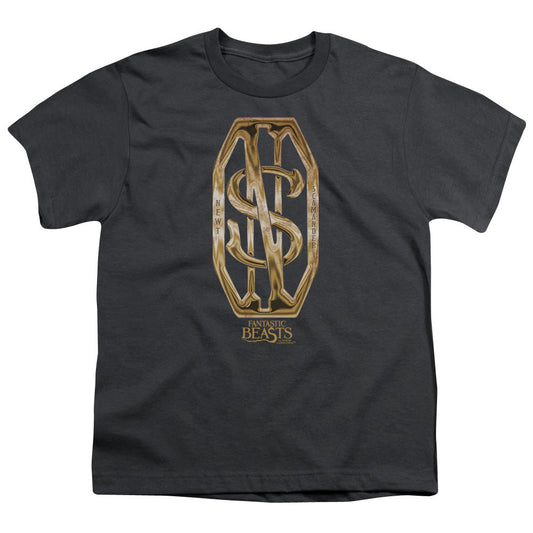 Fantastic Beasts Scamander Monogram Kids Youth T Shirt Charcoal Officially Licensed