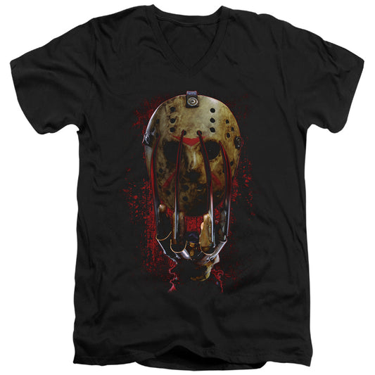 Freddy Vs Jason Mask And Claws Mens Slim Fit V-Neck T Shirt Black Officially Licensed