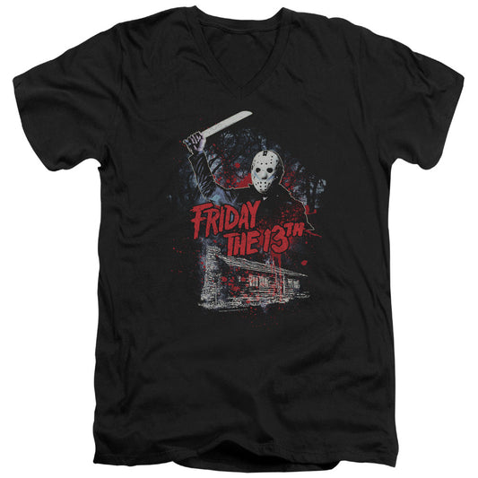 Friday The 13th Cabin Mens Slim Fit V-Neck T Shirt Black Officially Licensed