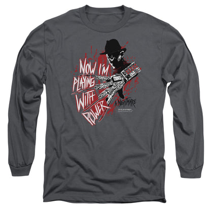 Nightmare On Elm Street Playing With Power Mens Long Sleeve Shirt Charcoal Officially Licensed
