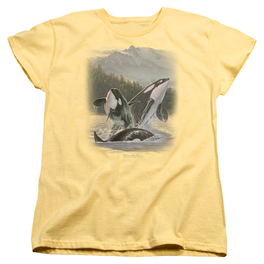 Wildlife Breaching Orcas Womens T Shirt Banana