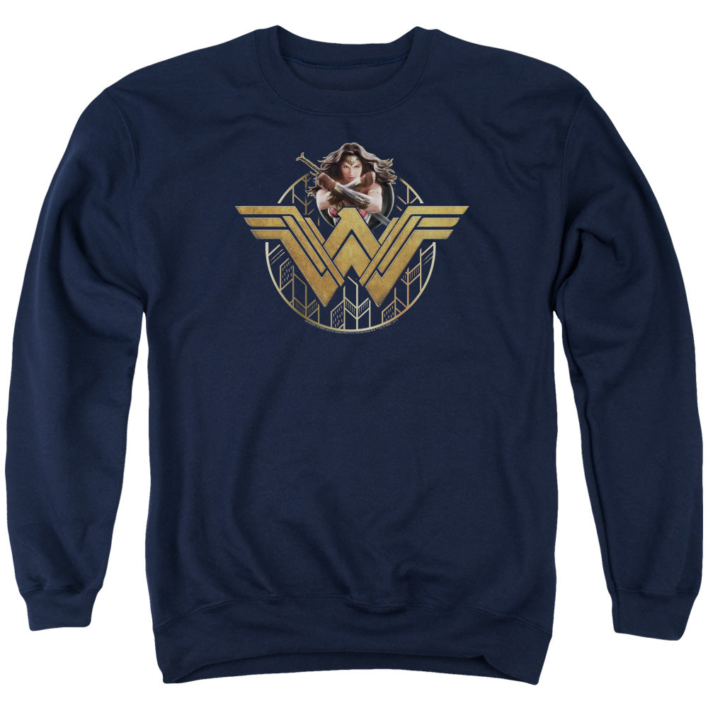 Wonder Woman Movie Power Stance And Emblem Mens Crewneck Sweatshirt Navy Officially Licensed
