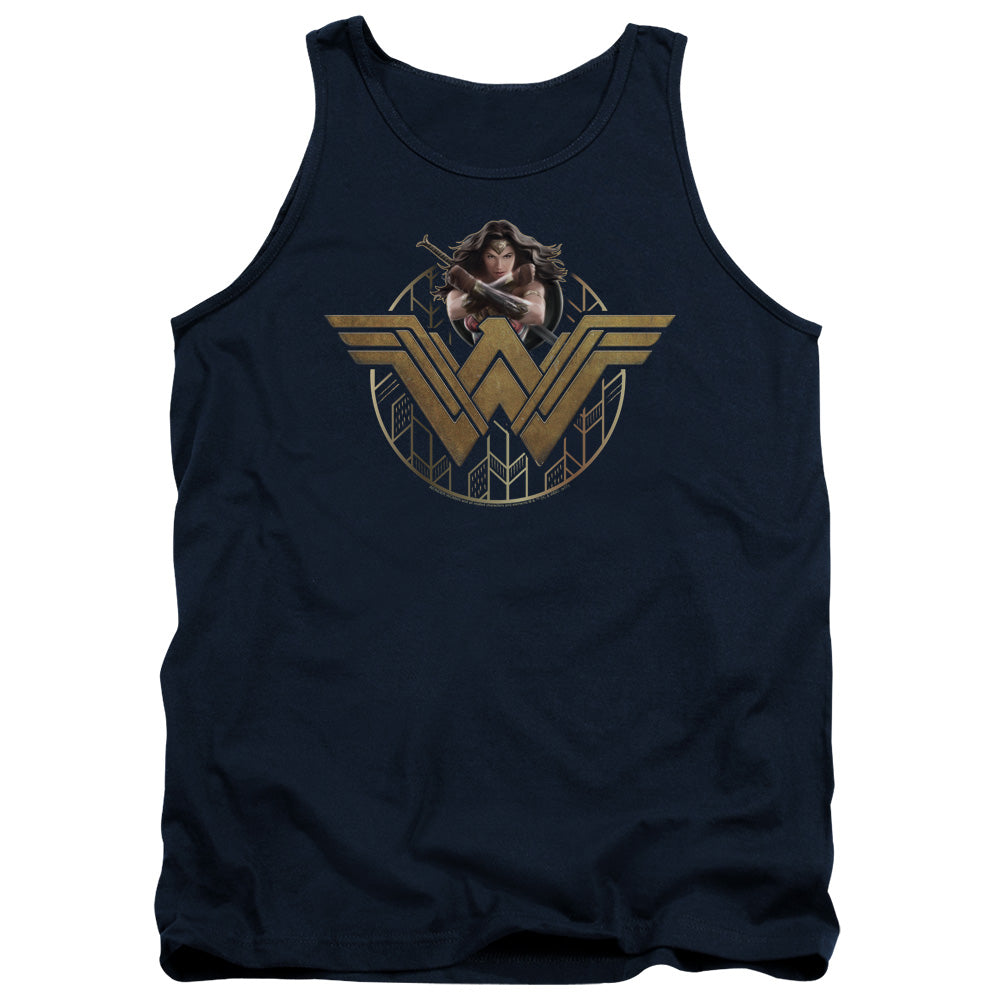Wonder Woman Movie Power Stance And Emblem Mens Tank Top Shirt Navy Blue Officially Licensed