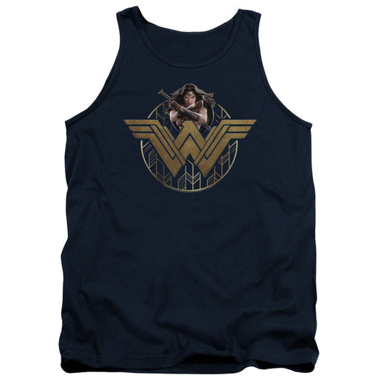 Wonder Woman Movie Power Stance And Emblem Mens Tank Top Shirt Navy Officially Licensed