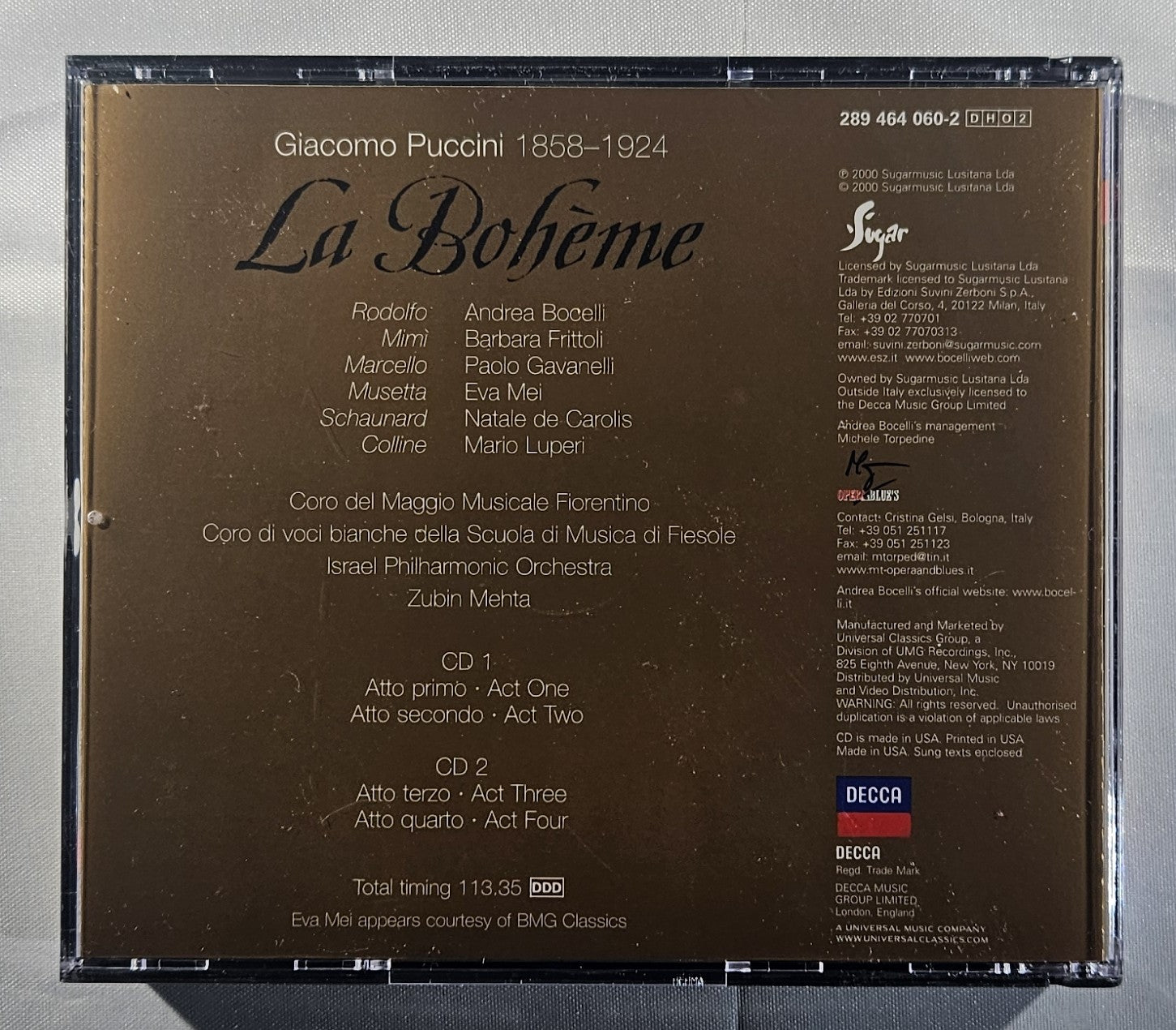 Aubin Mehta, Bochelli, Frittoli - Puccini: La Boheme [2000 Used Double CD]