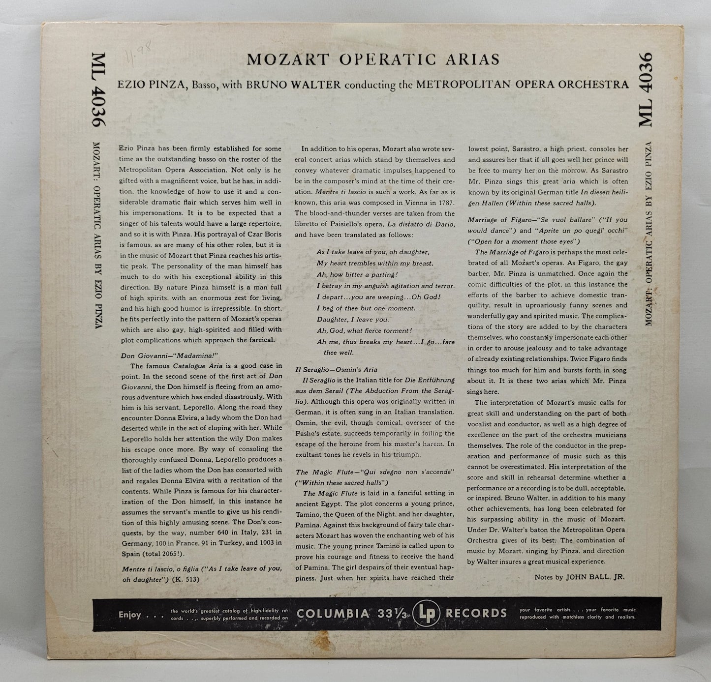 Ezio Pinza - Mozart Operatic Arias [1953 Reissue Mono] [Used Vinyl Record LP]