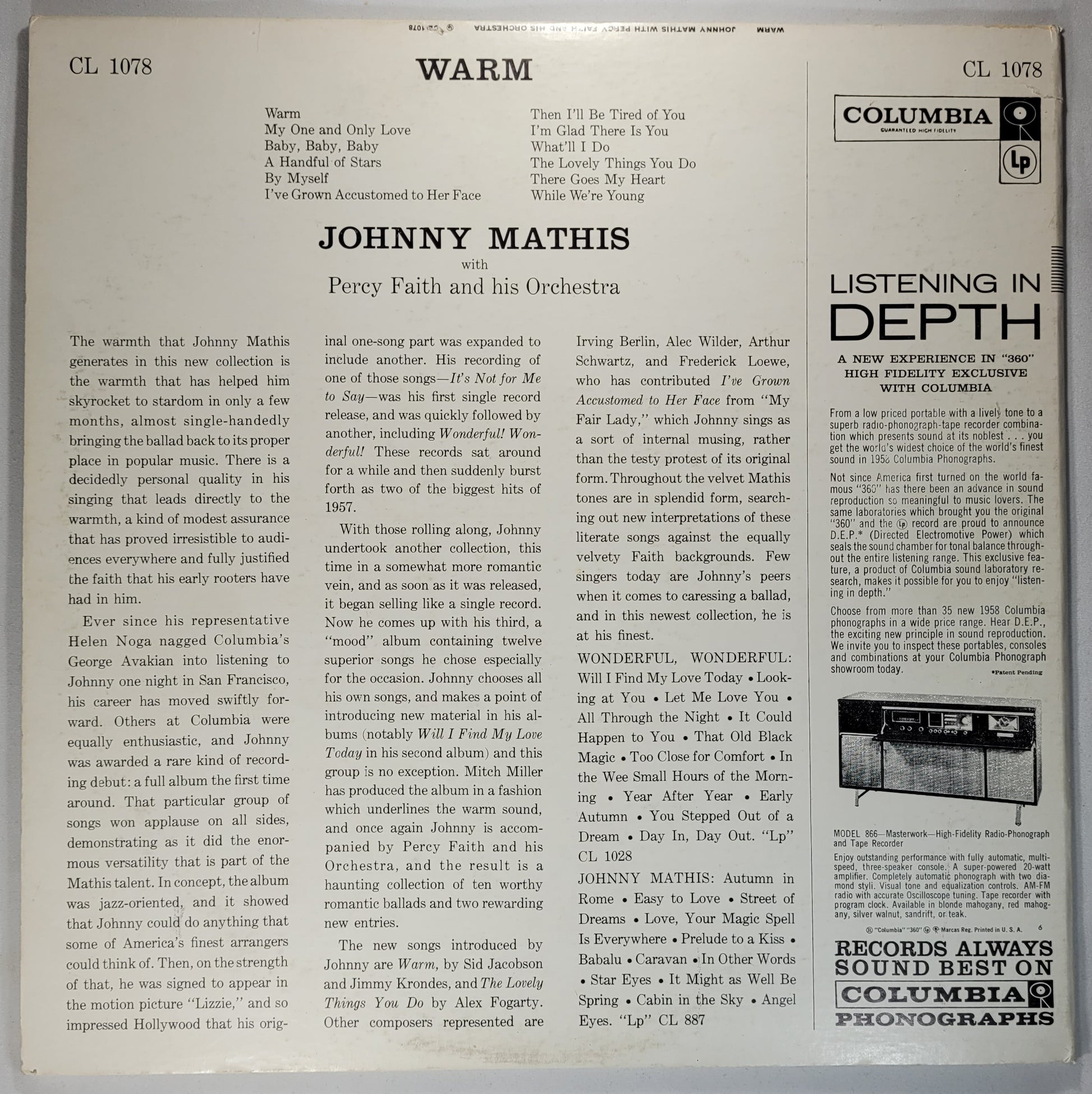 Johnny Mathis With Percy Faith and His Orchestra - Warm [Used Vinyl Record LP]