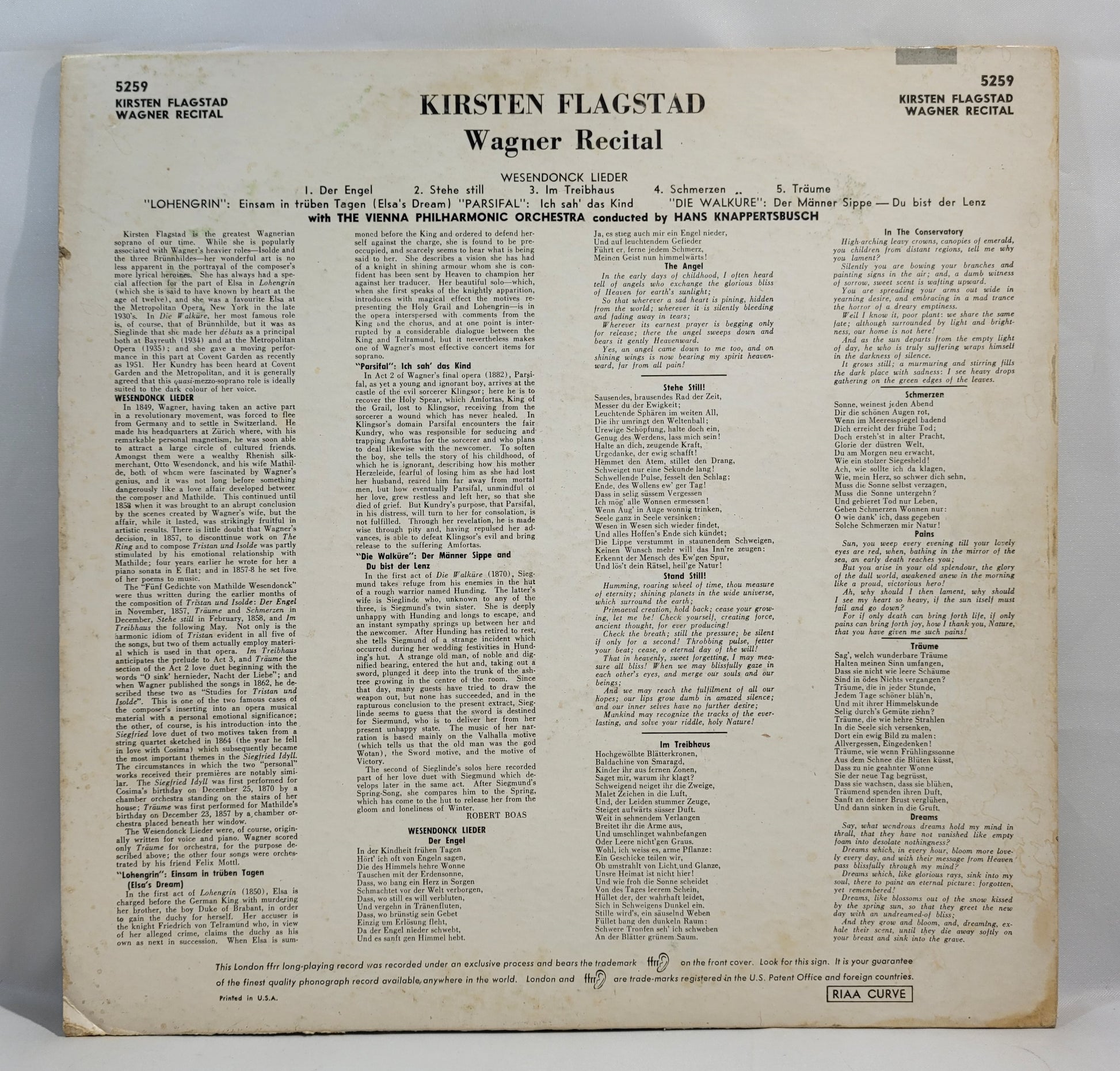 Kirsten Flagstad - Wagner Recital - Wesendonck Lieder [1956 Mono] [Used Vinyl Record LP]