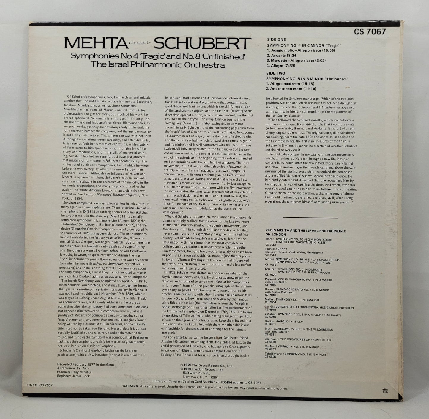 Zubin Mehta - Schubert [1979 Used Vinyl Record LP]