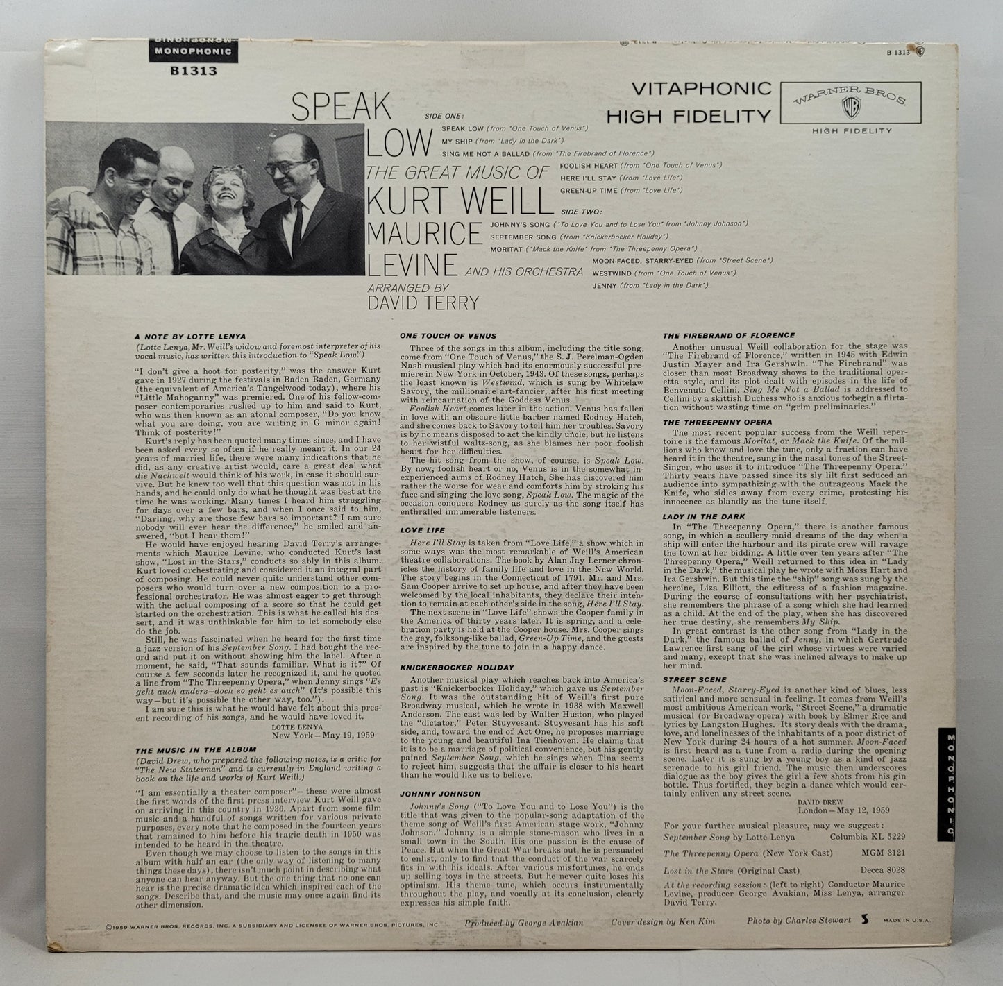 Maurice Levine - Speak Low, The Great Music of Kurt Weill for Orchestra [1959 Used Vinyl Record LP]