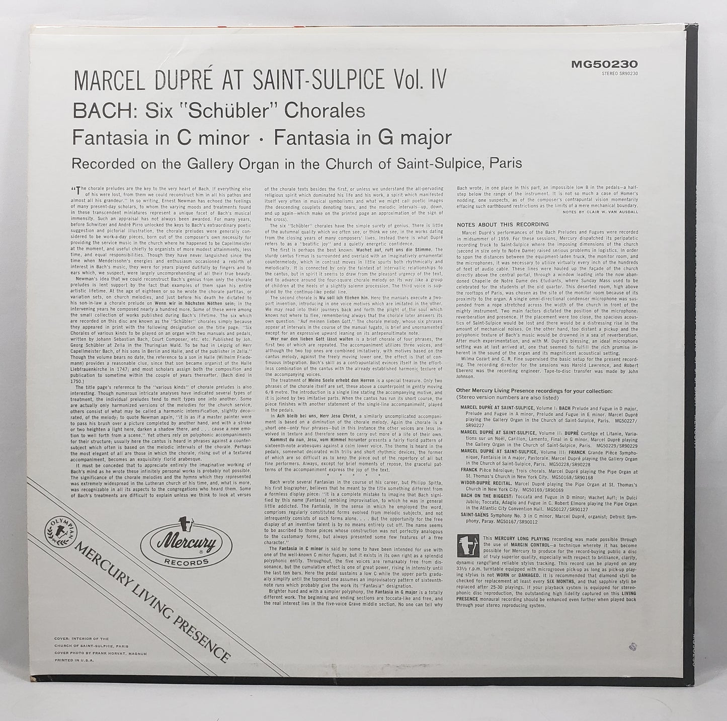 Marcel Dupré - Marcel Dupré At Saint-Sulpice Volume 4 [1960 Mono] [Used Vinyl Record LP]