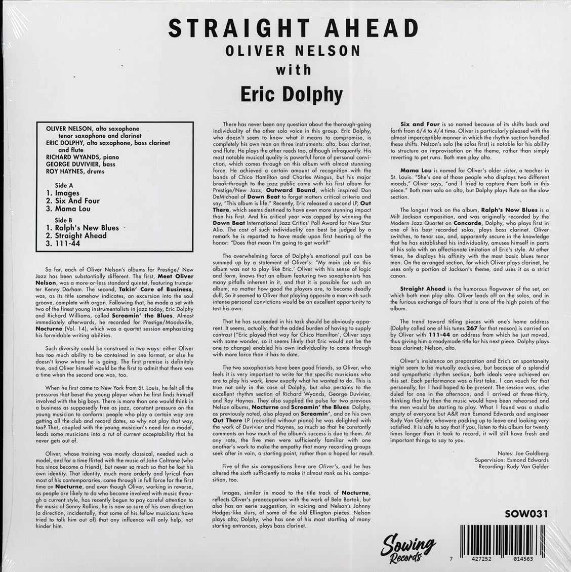 Oliver Nelson With Eric Dolphy - Straight Ahead [2022 Limited Clear] [New Vinyl Record LP]
