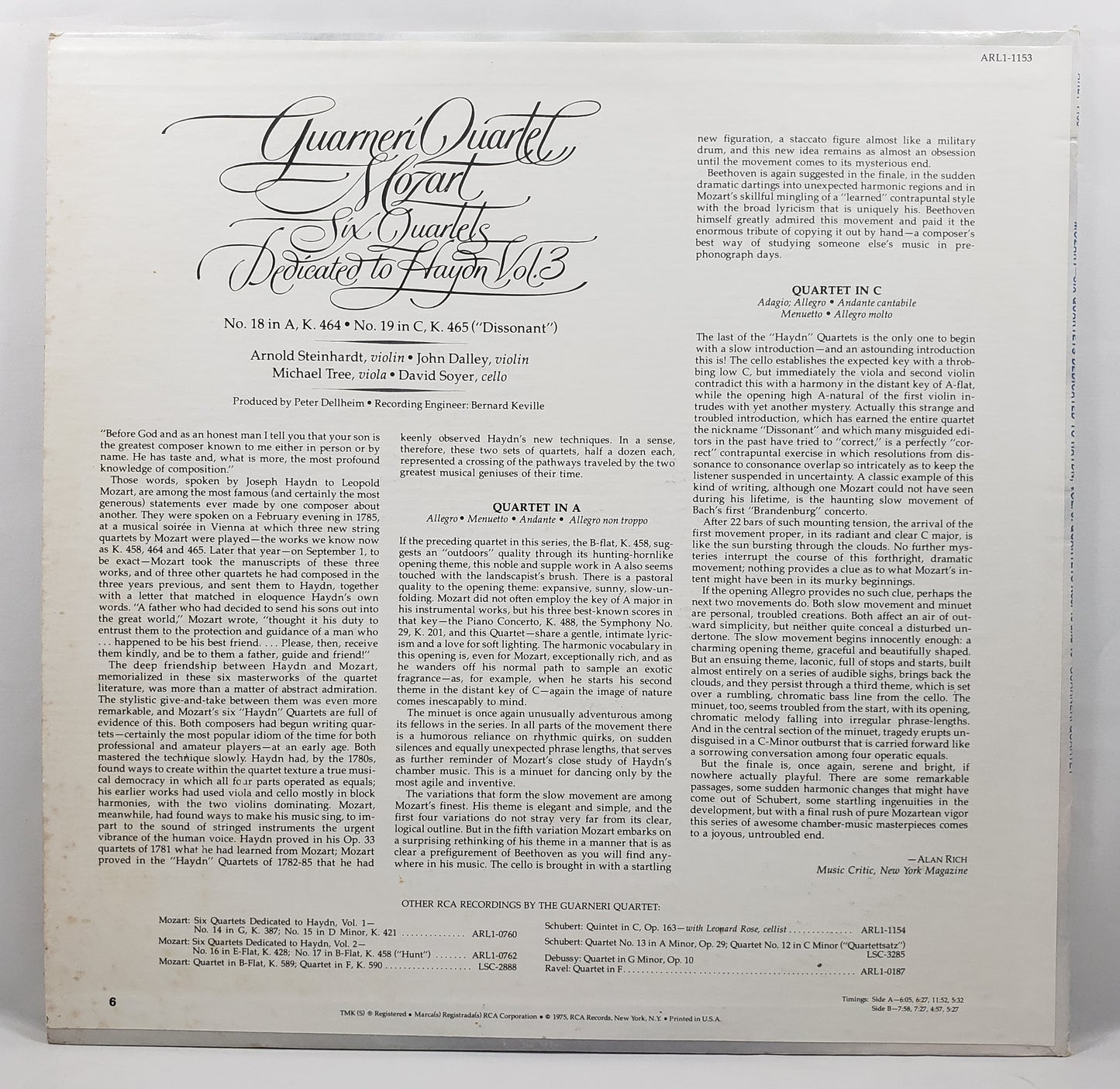 Guarneri Quartet - Mozart - Six Quartets Dedicated to Haydn, Vol. 3 [1975 Used Vinyl Record LP]