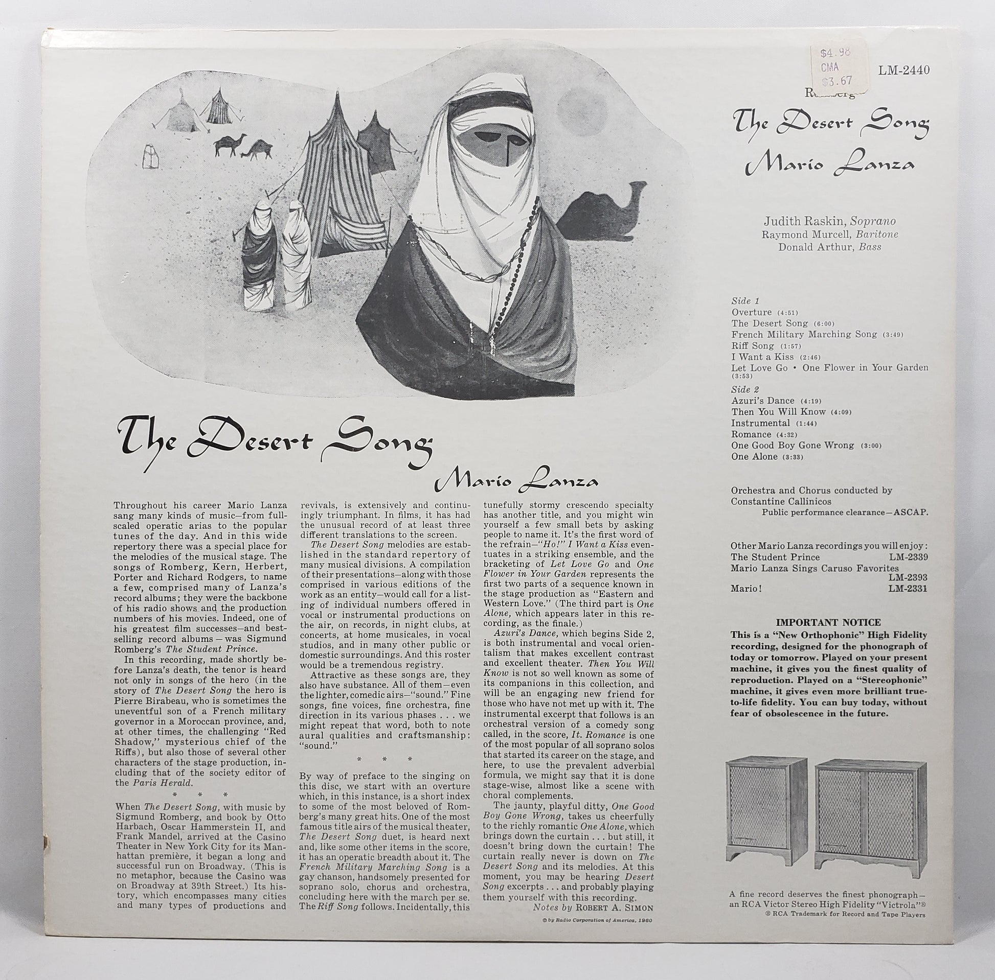 Mario Lanza - The Desert Song [1960 Mono Indianapolis] [Used Vinyl Record LP]
