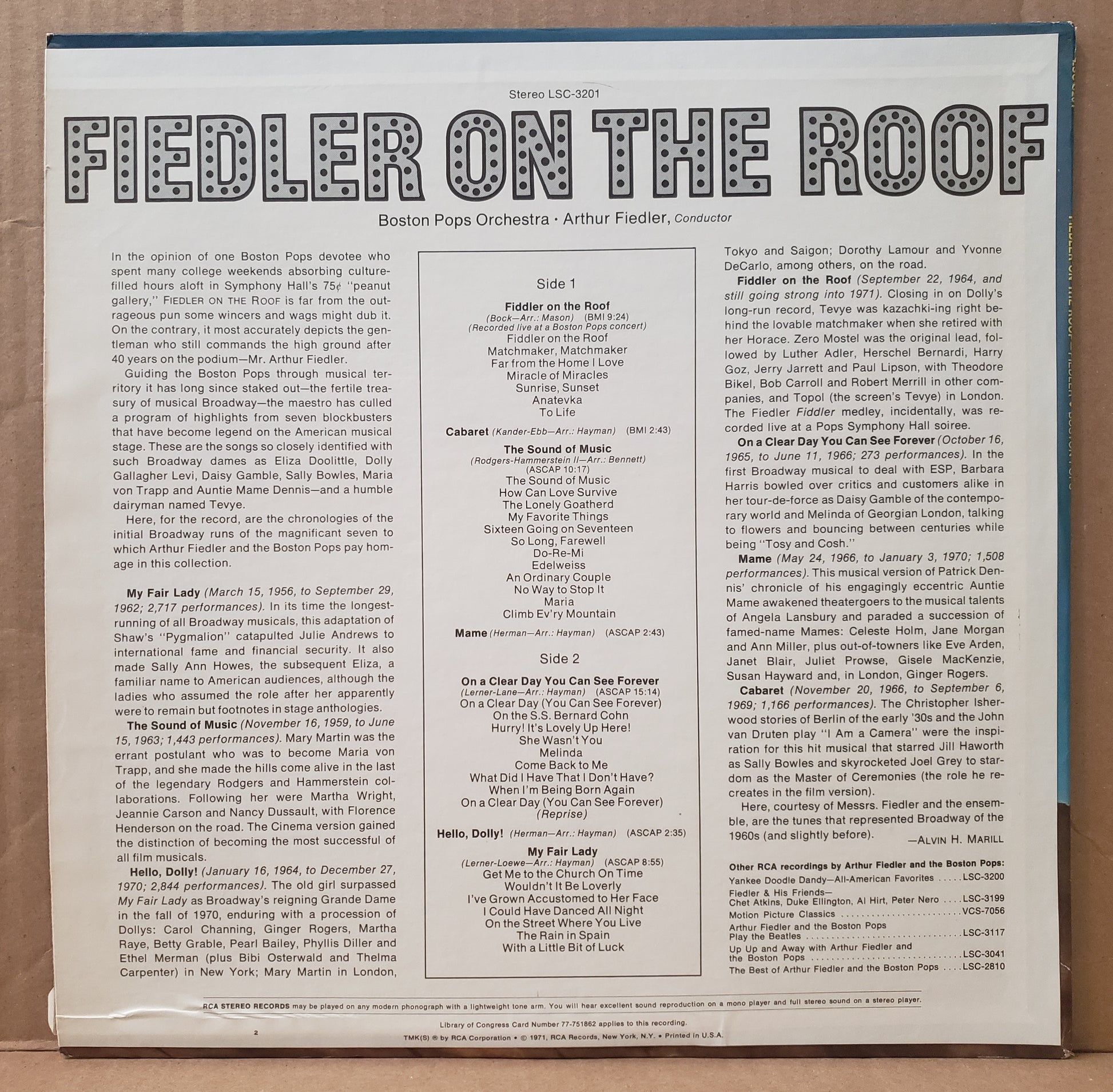 Soundtrack - Fiedler on the Roof [1971 Indianapolis] [Used Vinyl Record LP]